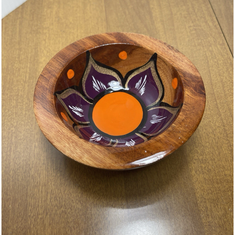 Hand Painted Mexican Folk Art Wood Bowl Trinket Dish Purple Orange Floral
